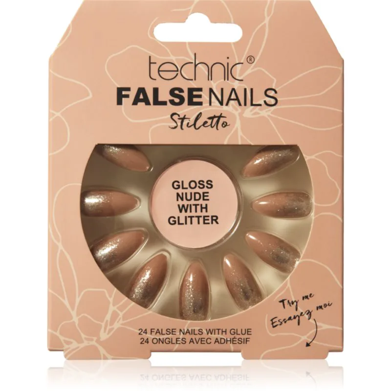 Technic Cosmetics False Nails Stiletto Ψεύτικα νύχια Gloss Nude with Glitter 24 τμχ