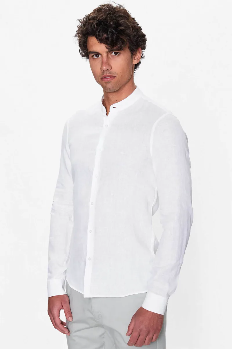 Calvin Klein ανδρικό λινό πουκάμισο μάο με κεντημένο monogram Slim Fit - K10K109511 Λευκό