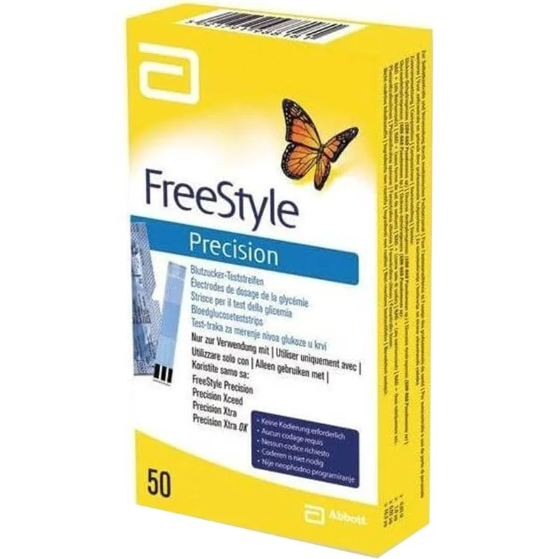 Abbott FreeStyle Precision Blood Glucoze Test Strips Ταινίες Μέτρησης Σακχάρου / Γλυκόζης Αίματος Συμβατές Μόνο με τις Συσκευές FreeStyle Precision Neo, Libre & Libre 2, 50 Τεμάχια