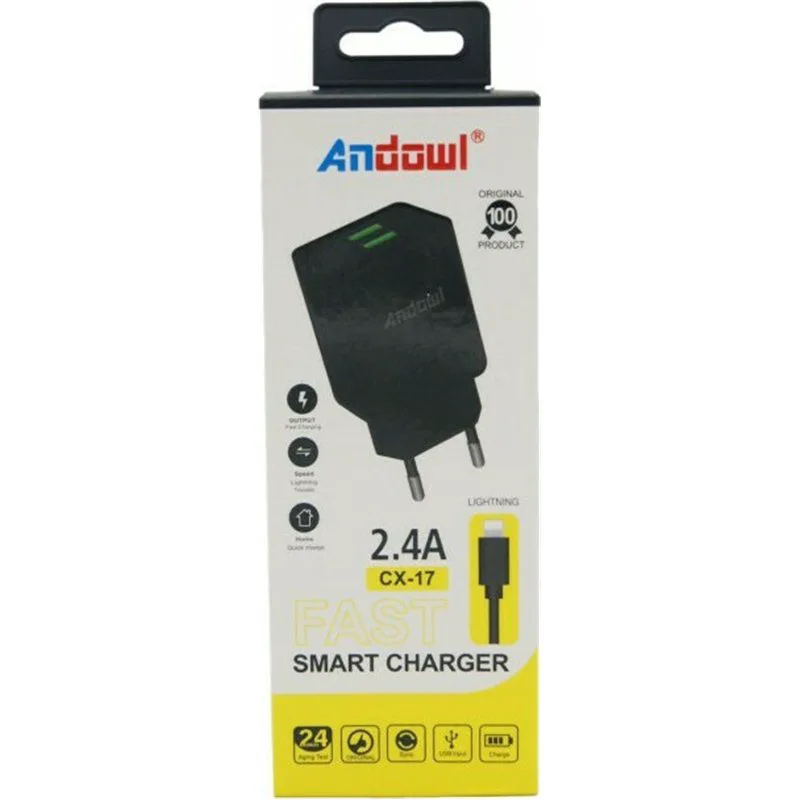 Andowl Φορτιστής με 2 Θύρες USB-A και Καλώδιο micro USB Μαύρος (CX-17)