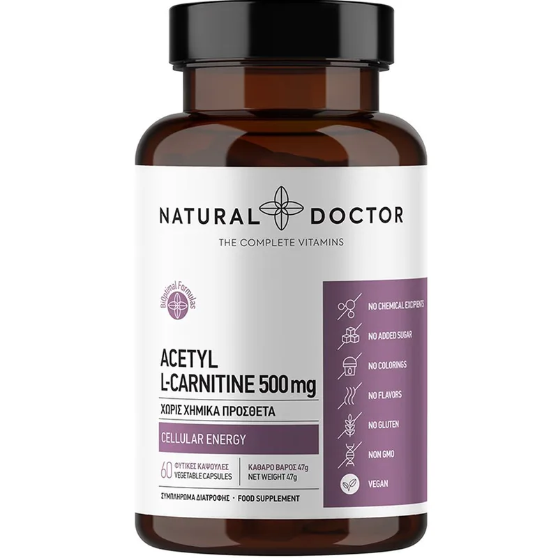 Natural Doctor Acetyl L-Carnitine 500mg Συμπλήρωμα Διατροφής Αμινοξέος Ακετυλο-L-καρνιτίνης για Ενέργεια, με Αντιοξειδωτική Δράση & Υποστήριξη της Εγκεφαλικής Λειτουργίας 60veg.caps