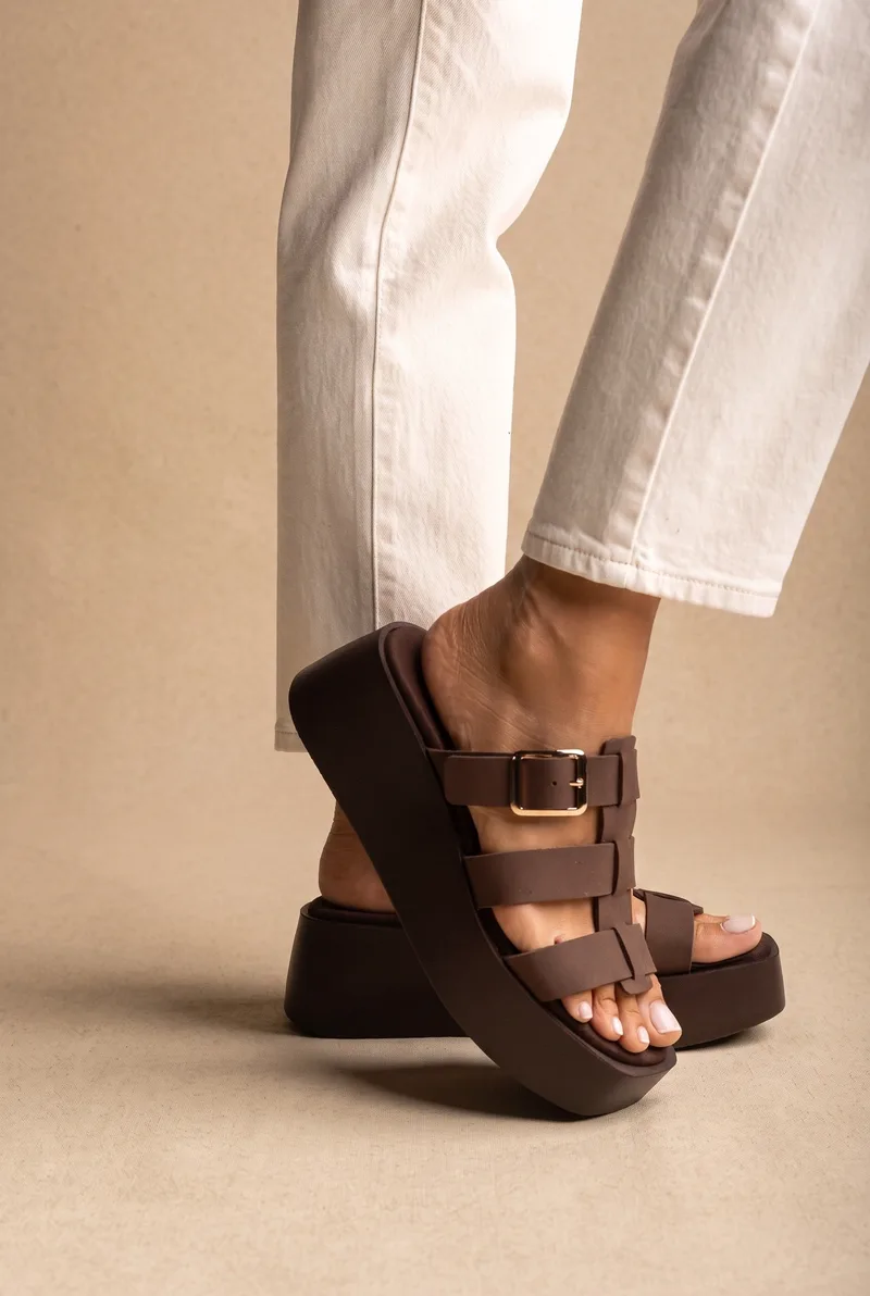 TFP Flatform Sandals Buckle Detail - 2069 - Καφέ Σουέτ