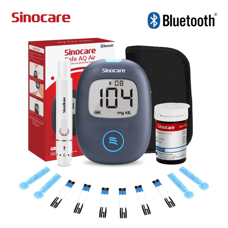 Sinocare Safe AQ Air Bluetooth Blood Sugar Monitor | 1pc meter+25pcs×(strips+lancets) | mg/dL
