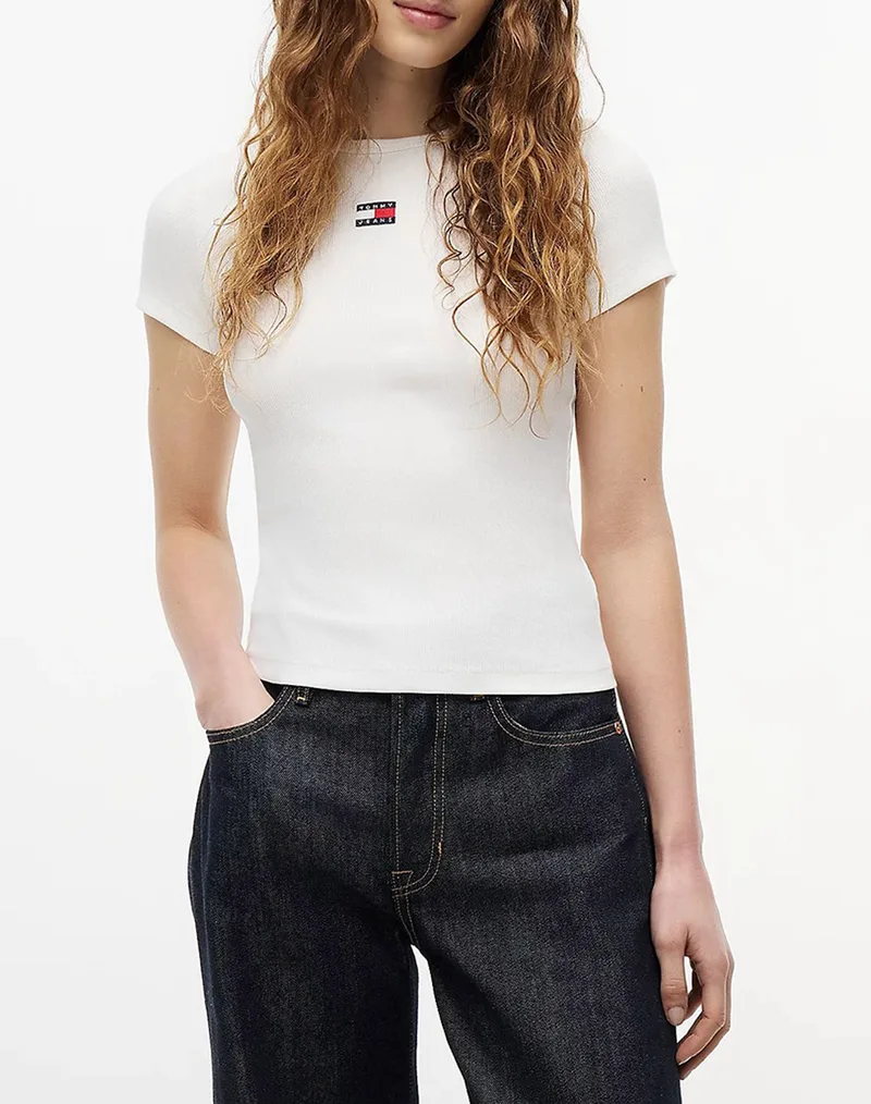 TOMMY JEANS TJW SLIM BADGE RIB TEE DW0DW17881-YBL Ecru