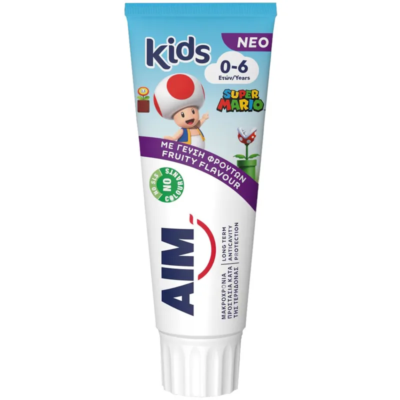 Aim Kids 0-6 Years Super Mario Toothpaste Παιδική Οδοντόκρεμα με Ήπια Γεύση Φρούτων για Μακροχρόνια Προστασία Κατά της Τερηδόνας 75ml
