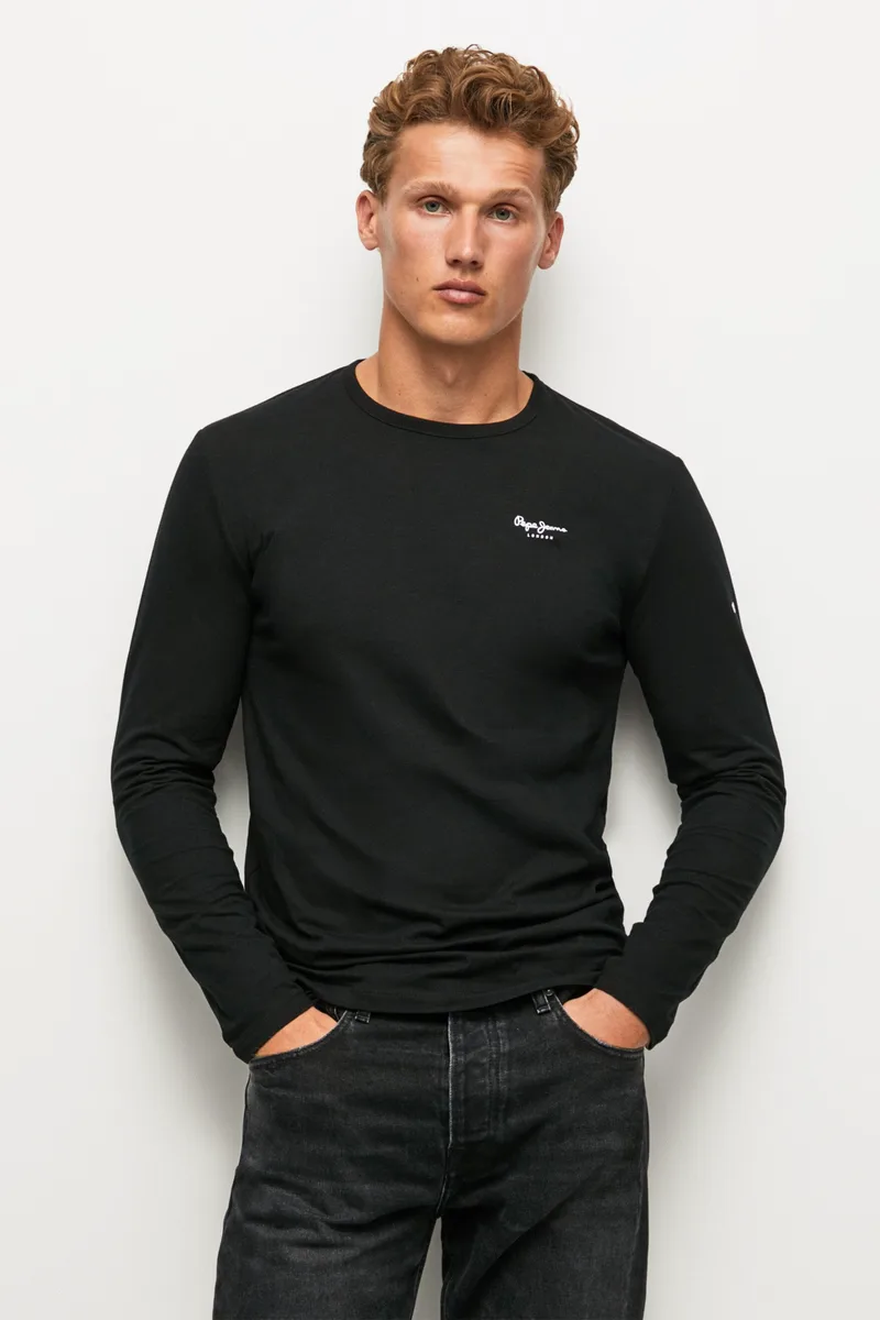Pepe Jeans ανδρική μπλούζα μονόχρωμη με logo print "Original Basic 2" - PM508211 Μαύρο