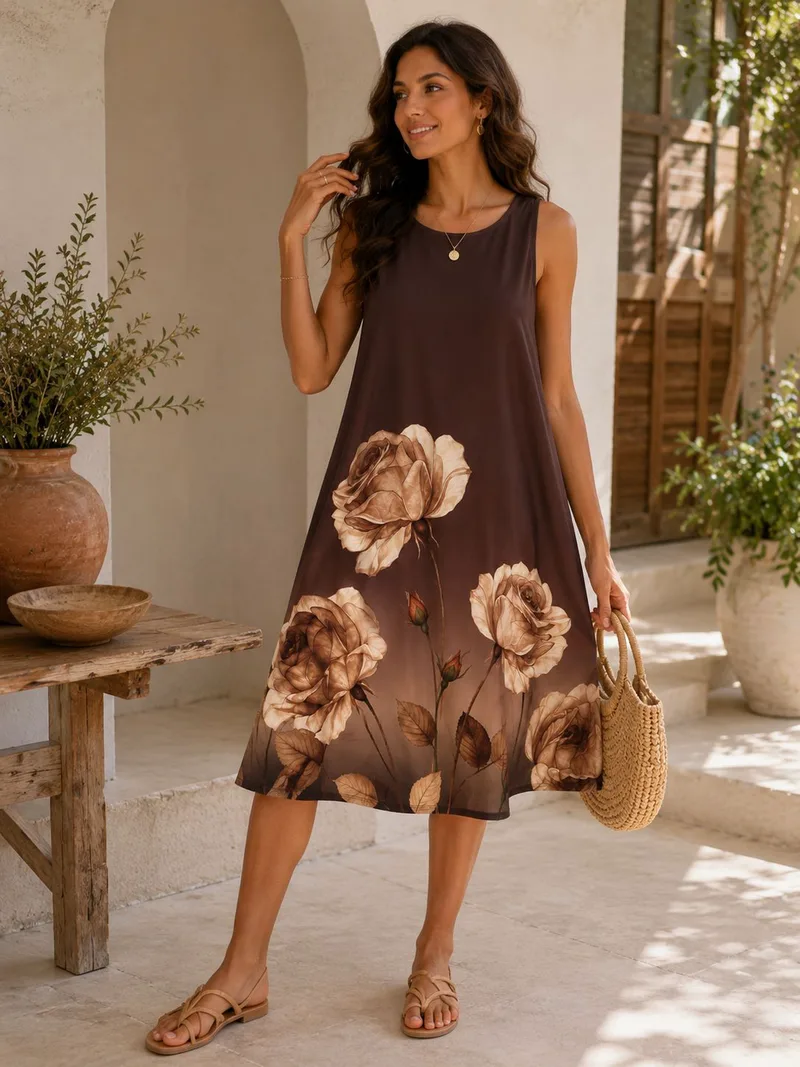 Γυναικείο Αέρινο Φόρεμα με Floral Print και Άνετη Α-Γραμμή - Καφέ | Dress Up Καφέ