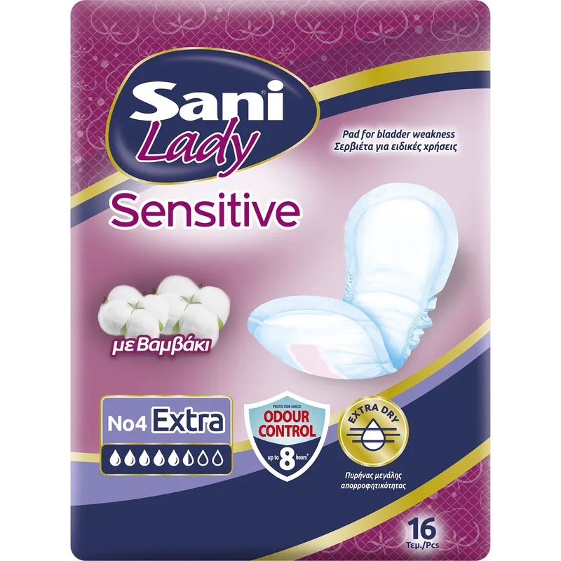 Sani Lady Sensitive No4 Extra Γυναικείες Σερβιέτες με Βαμβάκι για Ελαφριά Μορφή Ακράτειας 16 Τεμάχια