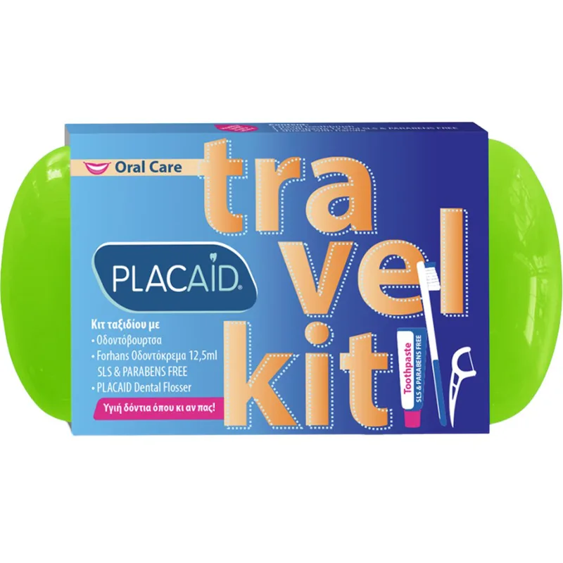 Plac Aid Oral Care Travel Kit Κιτ Ταξιδίου Στοματικής Υγιεινής που Περιλαμβάνει Οδοντόβουρτσα, Οδοντόκρεμα & Οδοντικό Νήμα με Λαβή 1 Τεμάχιο - Πράσινο