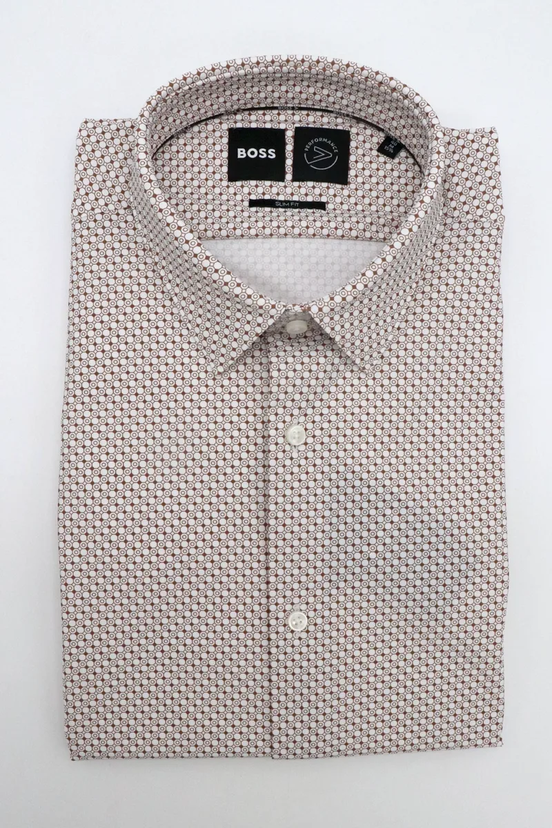 BOSS PERFORMANCE ΠΟΥΚΑΜΙΣΟ ΜΙΚΡΟΣΧΕΔΙΟ SLIM FIT P-HANK-S-KENT-C1-222 ΚΑΦΕ-ΛΕΥΚΟ