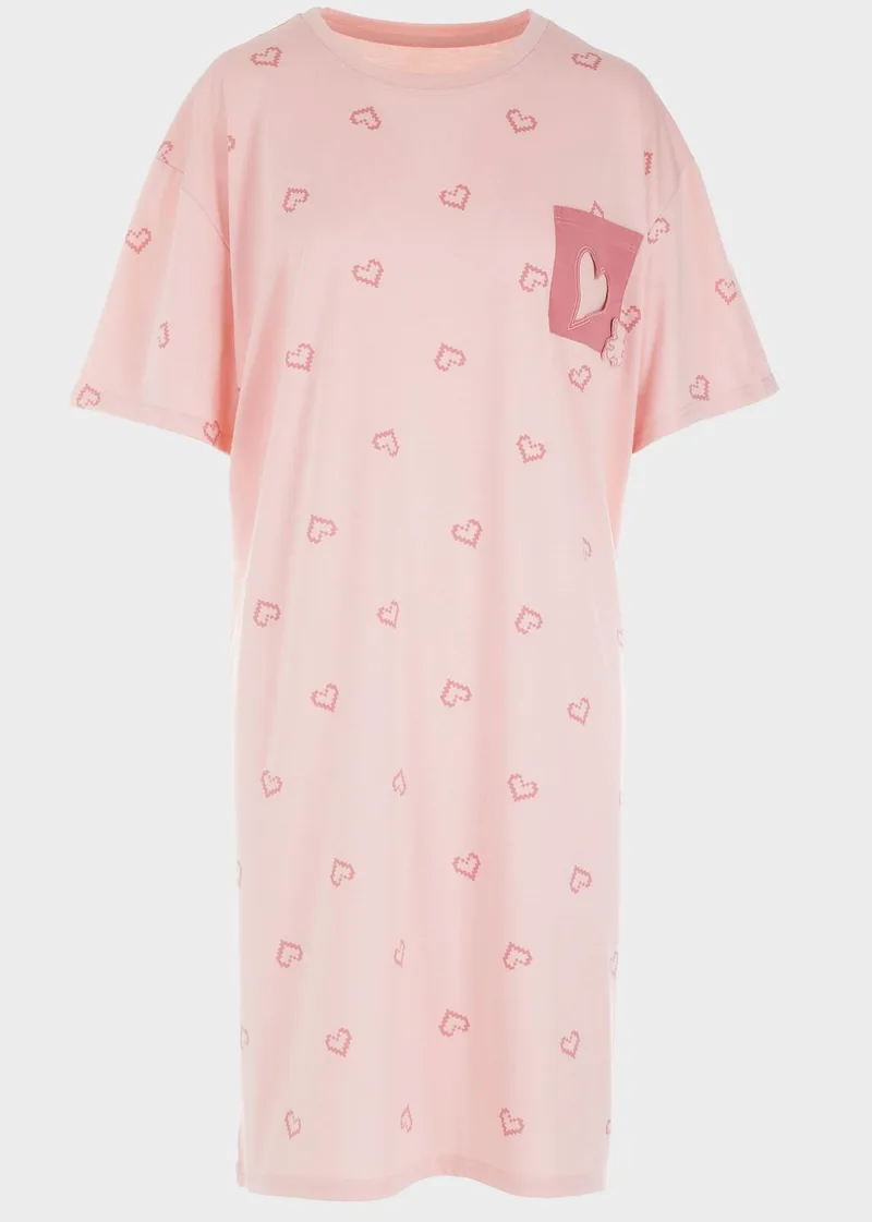 Γυναικείο νυχτικό κοντό μανίκι all print hearts.Plus Size Collection ΡΟΖ