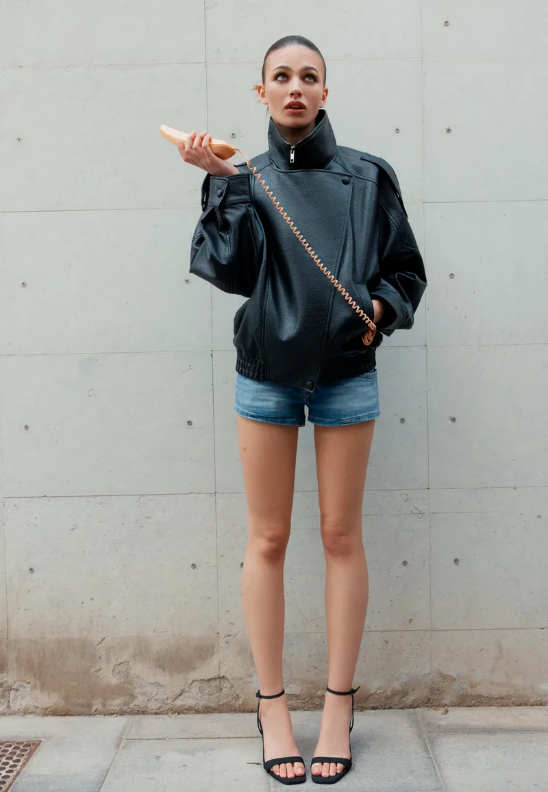 Stradivarius Oversize Τζάκετ Biker Με Όψη Δέρματος Μαύρο M