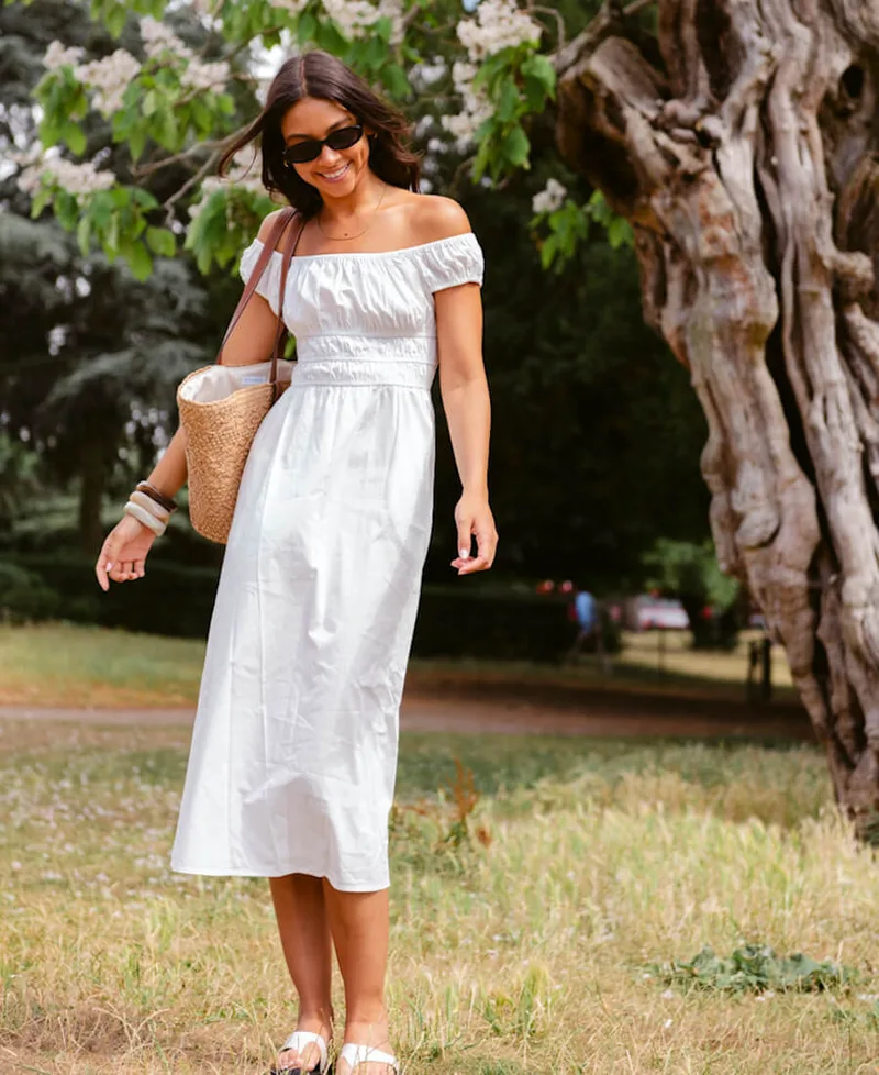 White Cotton Shirred Bardot Midi Dress | Clothing Size: 20