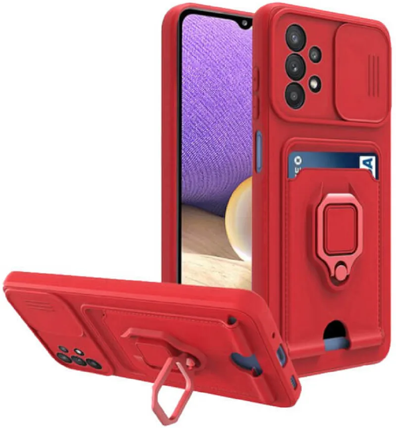 Bodycell Multifunction - Ανθεκτική Θήκη Samsung Galaxy A32 5G με Λουράκι Λαιμού / Κάλυμμα Κάμερας / Ring Holder / Υποδοχή Κάρτας - Red (5206015003486)
