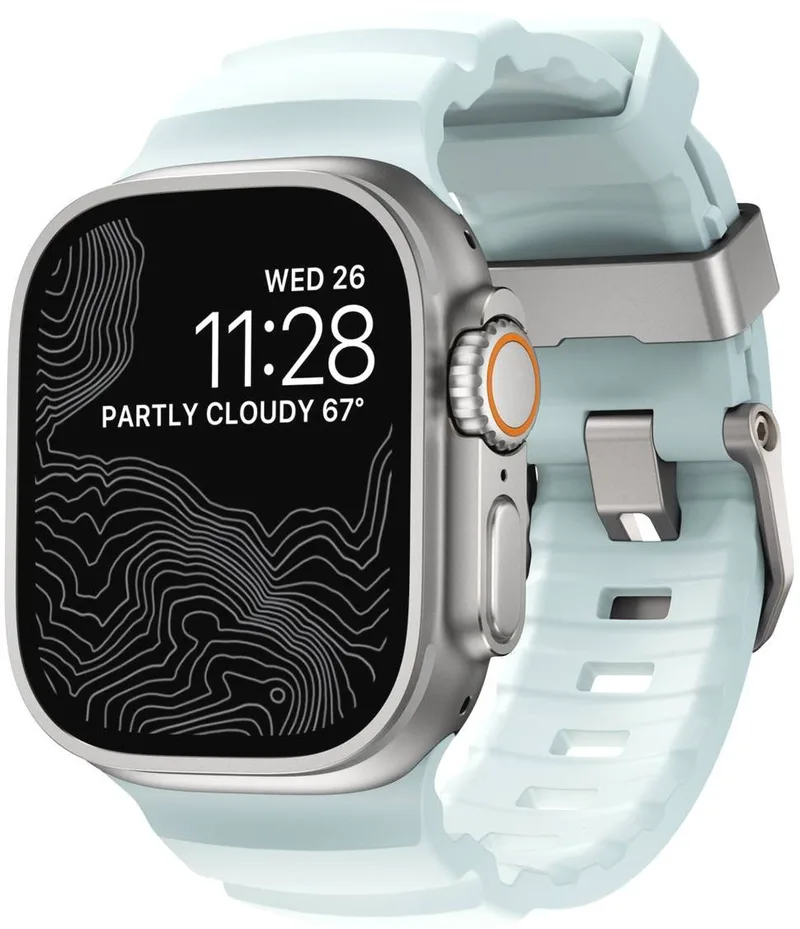 Λουράκι Apple Watch Ultra/SE/11/10/9/8/7/6/5/4 (49/46/45/44mm) Nomad Rocky Point Band Glow in the Dark Φωσφορίζον Αδιάβροχο FKM & Τιτάνιο - Icy Blue Glow / Natural Titanium Hardware (NM014452858)