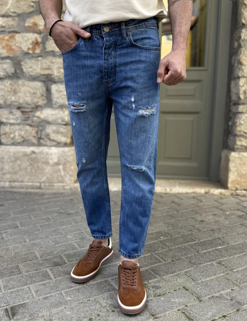 Ανδρικό μπλε με σκισίματα σταθερό Loose Jean πεντάτσεπο με κουμπιά JR3026