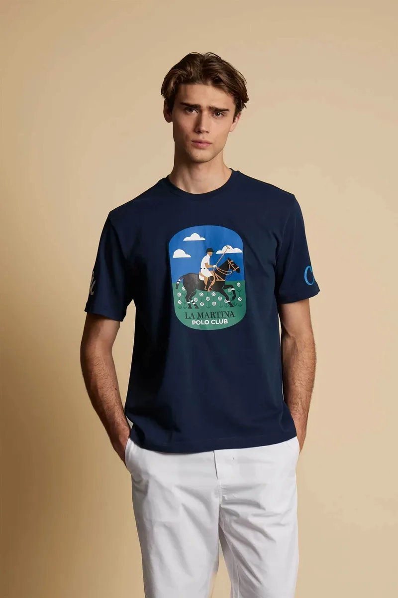 La Martina ανδρικό T-shirt με graphic print Regular Fit "Calvino" - MCR012-JS303 Μπλε Σκούρο