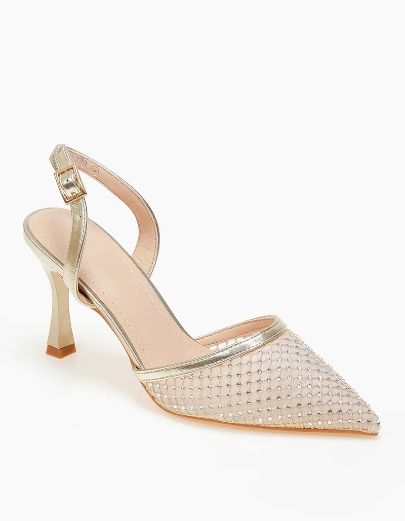Slingback γόβες με δίχτυ και στράς - Χρυσό