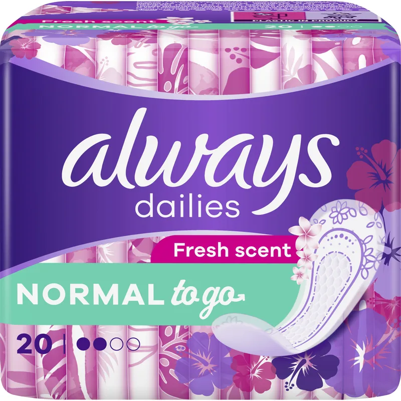 Always Dailies to Go Fresh Scent Normal 20 Τεμάχια,Άνετα Σερβιετάκια για Καθημερινή Προστασία & Φρεσκάδα
