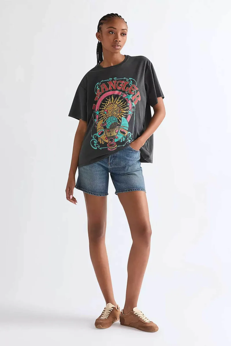 Wrangler® γυναικείο ψηλόμεσο denim σορτς πεντάτσεπο Relaxed Fit "Cowboy" (5") - 112378216 Denim Blue