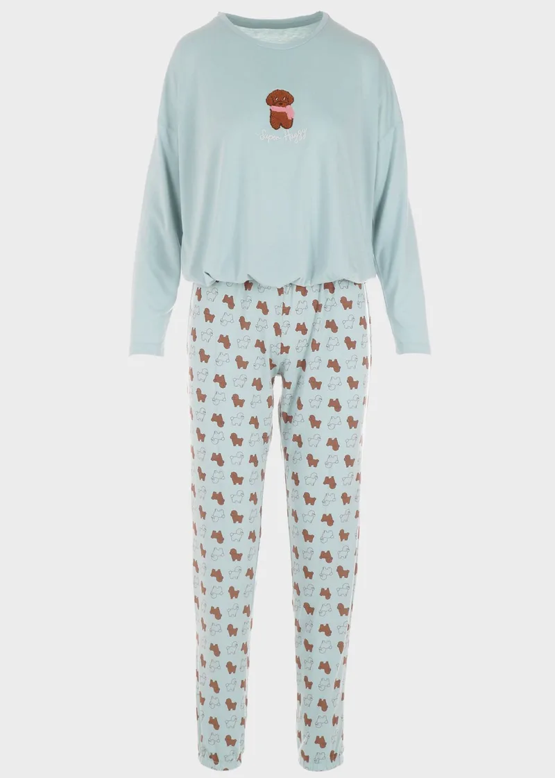 Γυναικεία πιτζάμα λαιμόκοψη all print παντελόνι.Homewear Collection ΜΕΝΤΑ