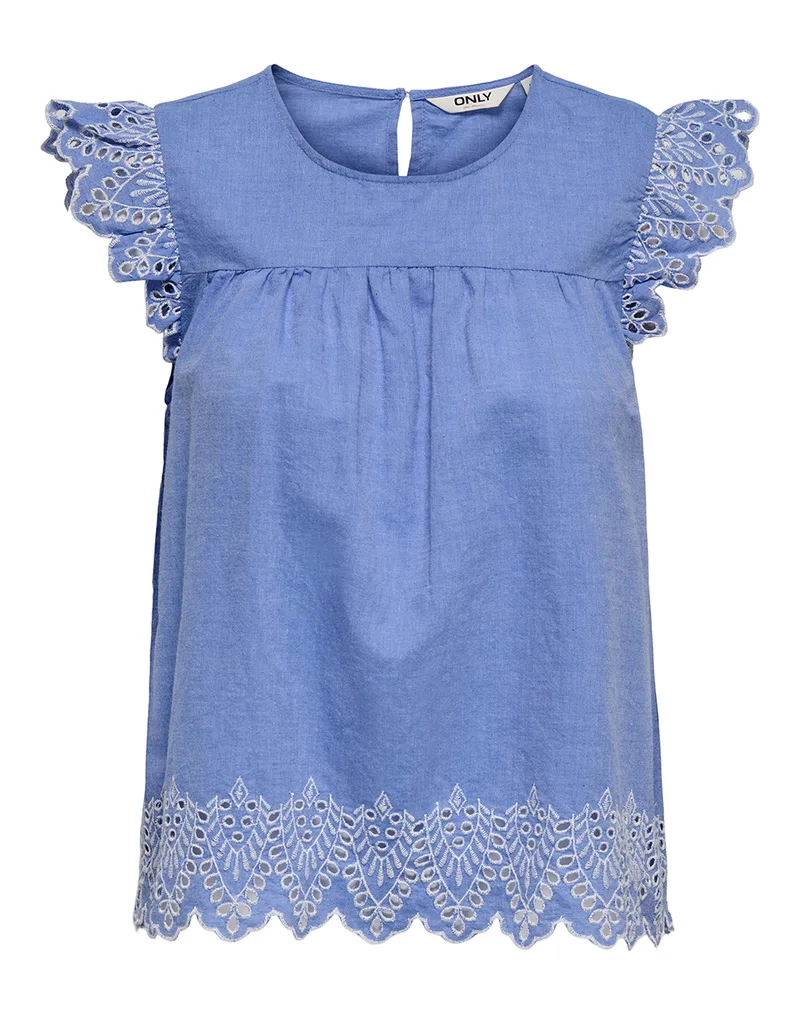 ONLY ONLTULUM EMB S/S TOP WVN 15367431-Blue BonnetBRIGHT WHITE EMB Blue