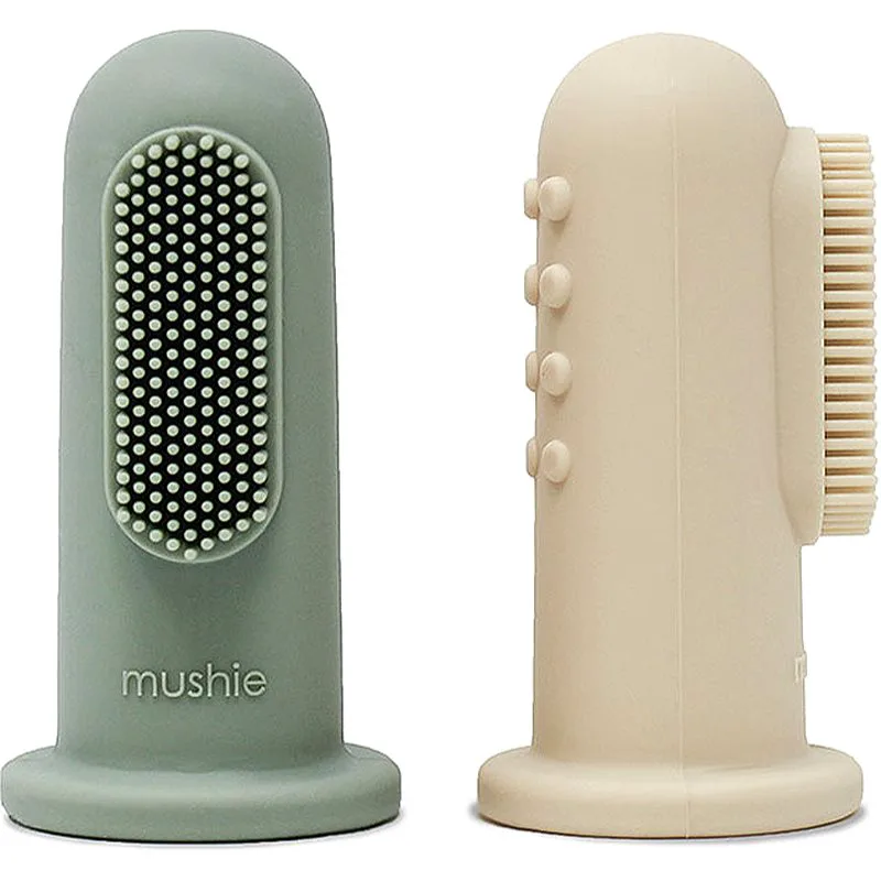 Mushie Finger Toothbrush Οδοντόβουρτσα σιλικόνης για παιδιά Shifting Sand/Cambridge Blue 2 τμχ