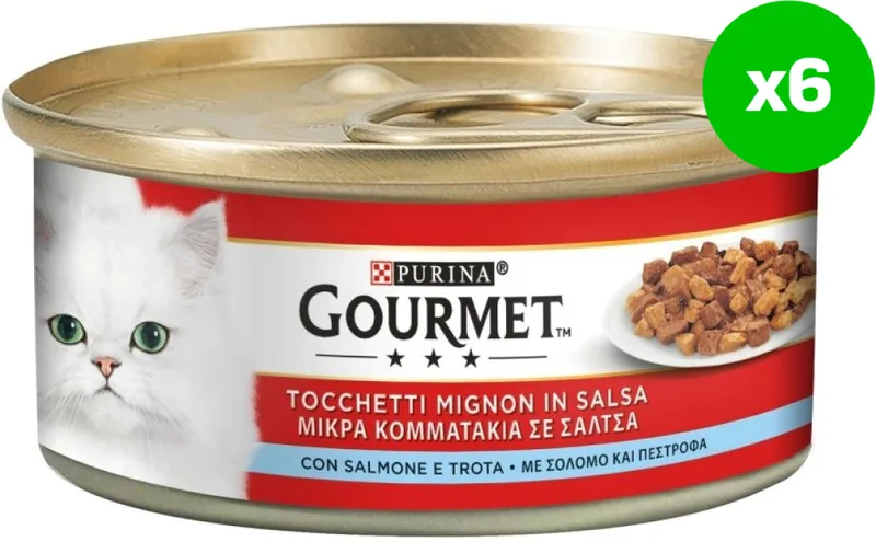 ΚΟΝΣΕΡΒΑ ΓΑΤΑΣ PURINA GOURMET ΠΕΣΤΡΟΦΑ - ΣΟΛΟΜΟ (6 X 195GR)