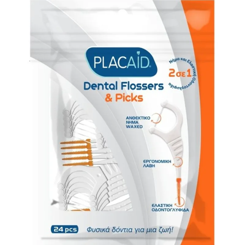 Plac Aid Waxed Dental Flossers & Picks Οδοντικό Ανθεκτικό Νήμα με Επίστρωση από Κερί & Ελαστική Οδοντογλυφίδα 2 σε 1 - 24 Τεμάχια