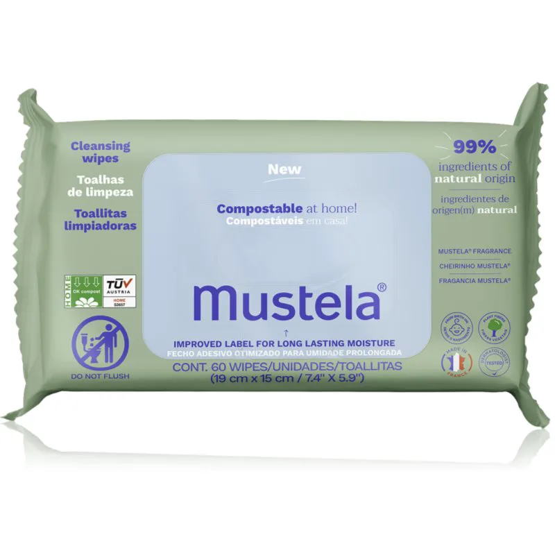 Mustela Compostable at Home Cleansing Wipes καθαριστικά μαντηλάκια με άρωμα για παιδιά από τη γέννηση 60 τμχ