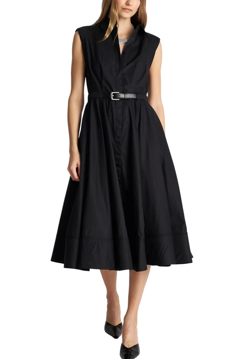 Φόρεμα Ale Μίντι Με Βάτες Και Ζώνη 8923196-BLACK Γυναικείο