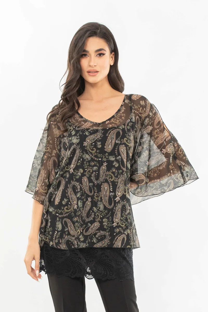 ΜΠΛΟΥΖΑ PLUS SIZE ΜΟΥΣΕΛΙΝΑ ΜΕ ΝΥΧΤΕΡΙΔΑ ΜΑΝΙΚΙΑ MULTICOLOR
