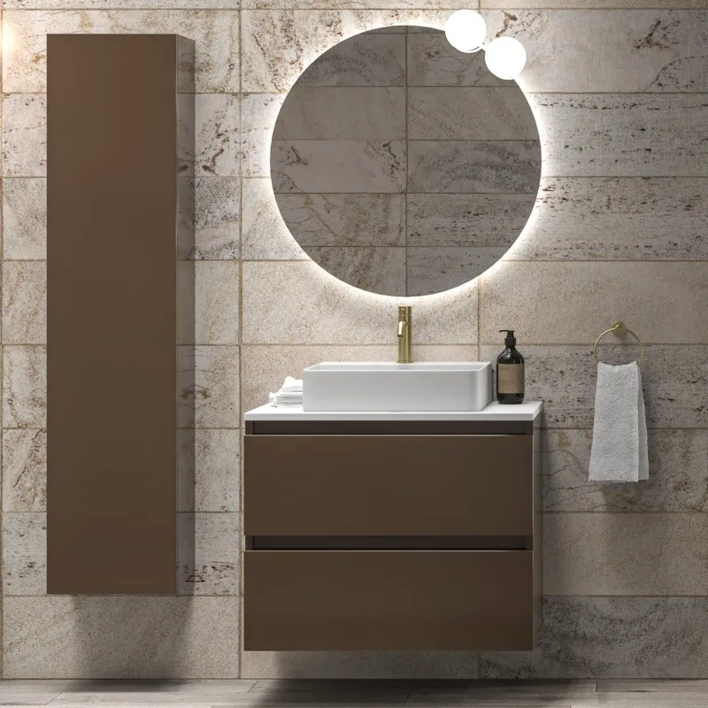 Έπιπλο με 2 Συρτάρια Premium Line Dark Brown με Λευκή Ματ Solid Επιφάνεια (80x45cm) (Έπιπλο με Νιπτήρα)