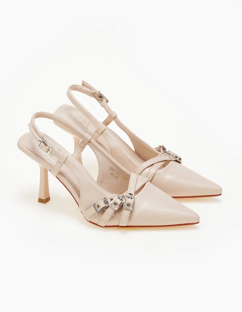 Μυτερές open heel γόβες με ζωνάκια - Μπεζ