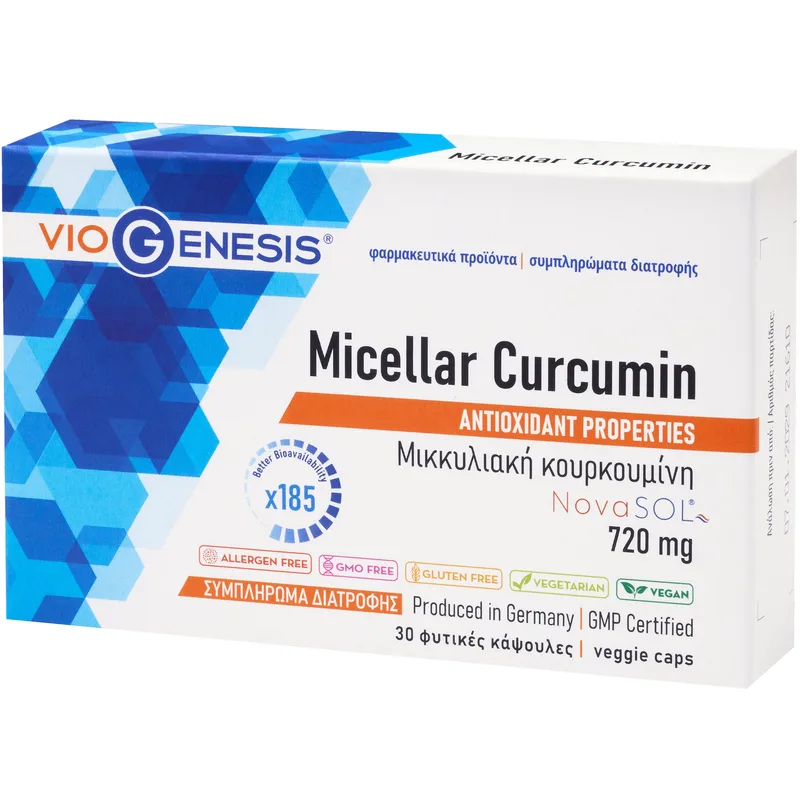 Viogenesis Micellar Curcumin 720mg Συμπλήρωμα Διατροφής Μικκυλιακής Κουρκουμίνης Υψηλής Βιοδιαθεσιμότητας με Ισχυρές Αντιοξειδωτικές & Αντιφλεγμονώδεις Ιδιότητες 30caps