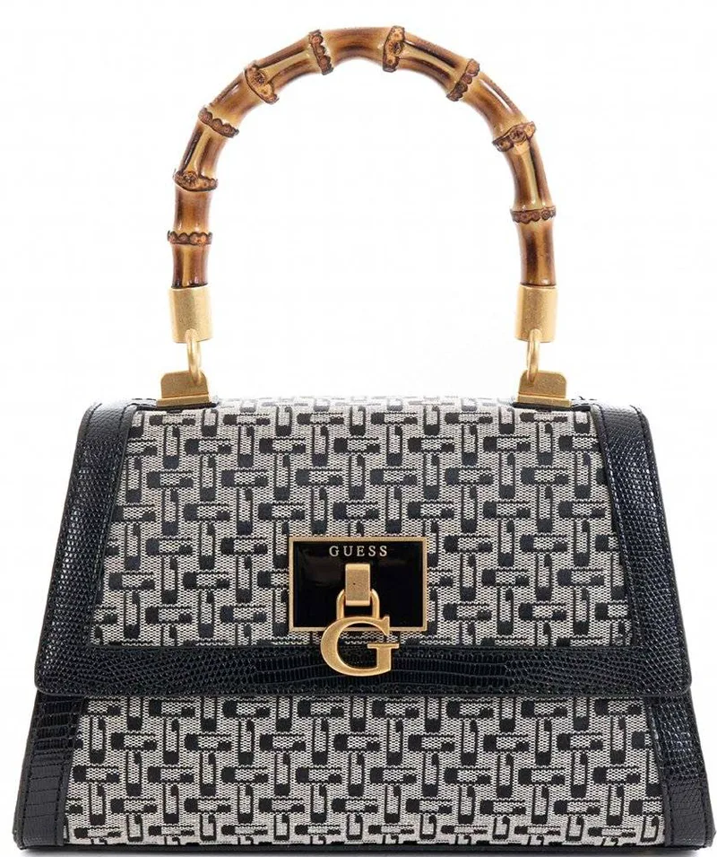 ΤΣΑΝΤΑ ΧΕΙΡΟΣ GUESS STEPHI BAMBOO FLAP HWJK7875210 LOGO ΜΑΥΡΟ