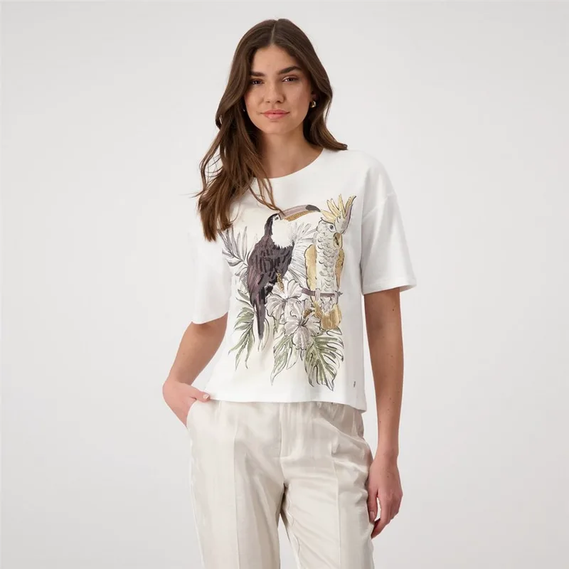 Monari Γυναικείο T-Shirt Regular Fit Με Toucan & Parrot Print Και Λαμπερές Λεπτομέρειες