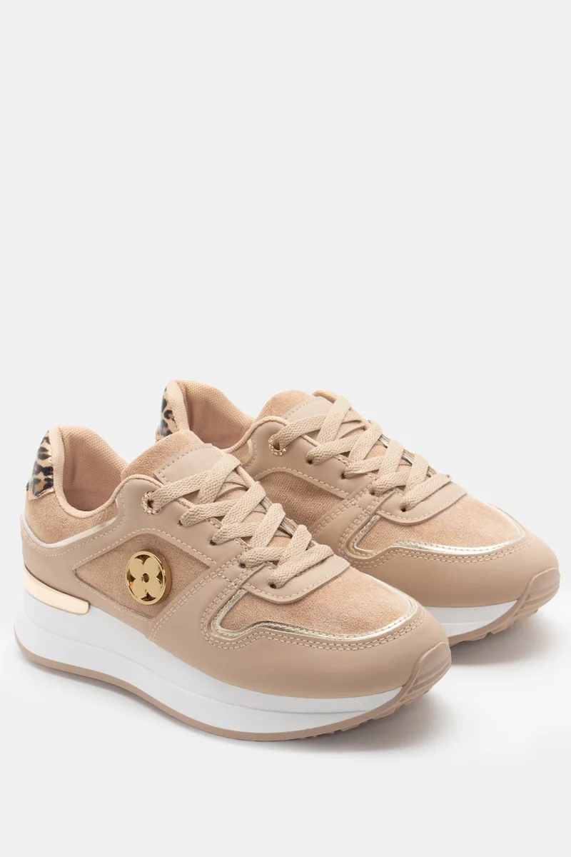 Sneakers σε Συνδυασμό Χρωμάτων & Μεταλλική Λεπτομέρεια - Μπεζ-Σκούρο