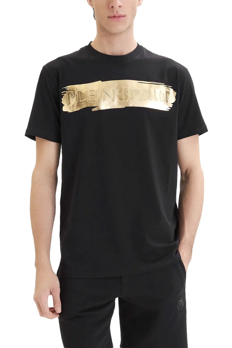 PLEIN SPORT T-SHIRT ROUND NECK LOGO ΜΑΥΡΟ-ΧΡΥΣΟ