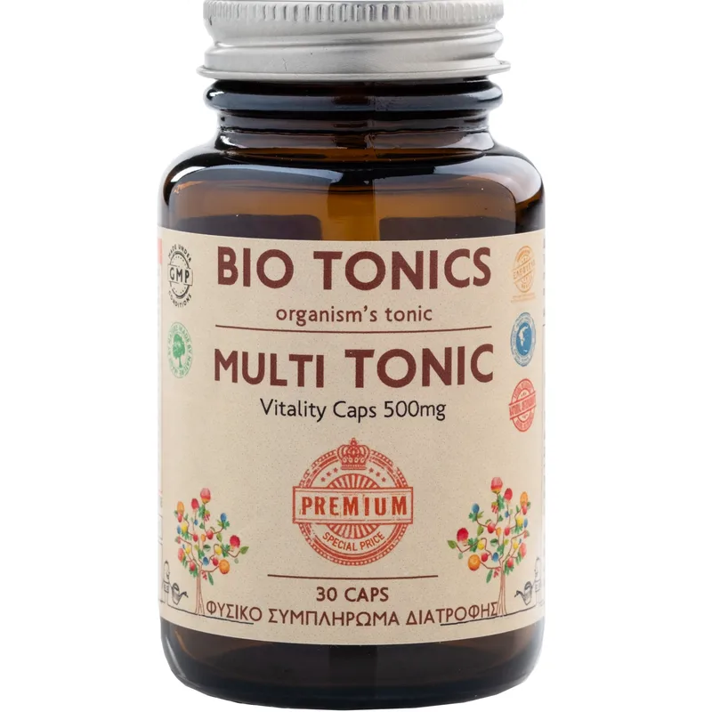 Bio Tonics Premium Multi Tonic Vitality 500mg Συμπλήρωμα Διατροφής Πολυβιταμινών, Μετάλλων & Ιχνοστοιχείων για Θωρακισμένο Ανοσοποιητικό, Υγιές Δέρμα Μαλλιά & Νύχια, Γερά Οστά & Δόντια, Ενέργεια & Τόνωση 30veg.caps