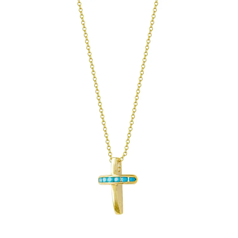 Σταυρουδάκι Μενταγιόν με Γαλάζιες Πέτρες από Κίτρινο Χρυσό 14 Καρατίων STM635