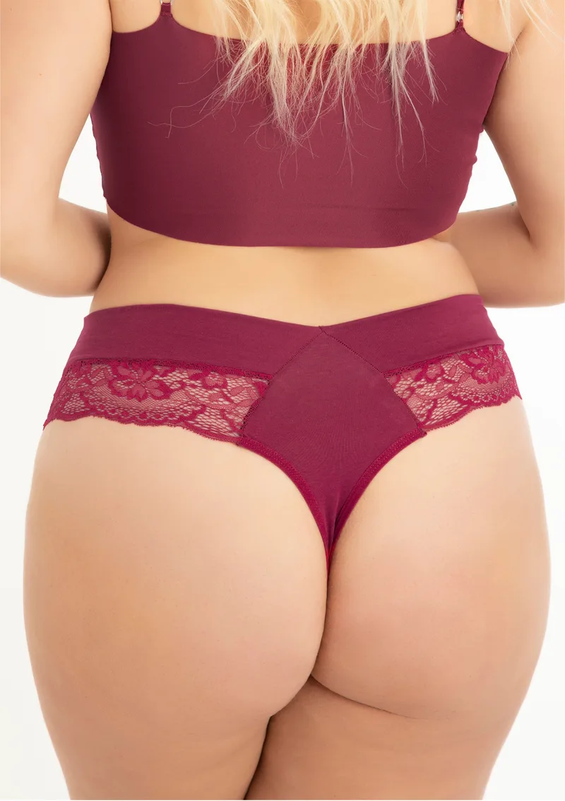 Plus Size Στρινγκ Κιλοτάκι Με Δαντέλα - Κερασί