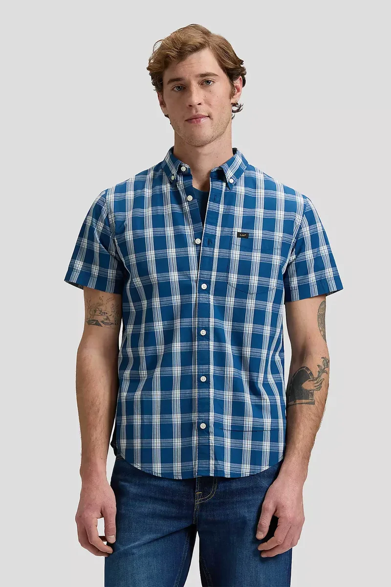 Lee® ανδρικό πουκάμισο button down με τσέπη και ριγέ σχέδιο Regular Fit - 112376549 Λευκό - Μπλε