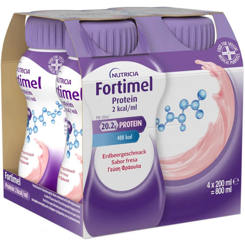 Nutricia Fortimel Protein 2 kcal/ml Strawberry Πόσιμο Θρεπτικό Σκεύασμα Πλούσιο σε Πρωτεΐνες, Μέταλλα & Ιχνοστοιχεία για την Αντιμετώπιση Προβλημάτων Υποσιτισμού & Δυσθρεψίας που Σχετίζονται με Ασθένεια με Γεύση Φράουλα 4x200ml