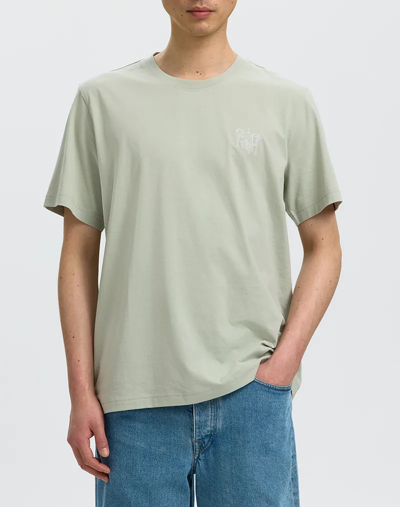 SELECTED SLHASPEN EMB SS O-NECK TEE 16097670-Aqua GrayTable Aqua