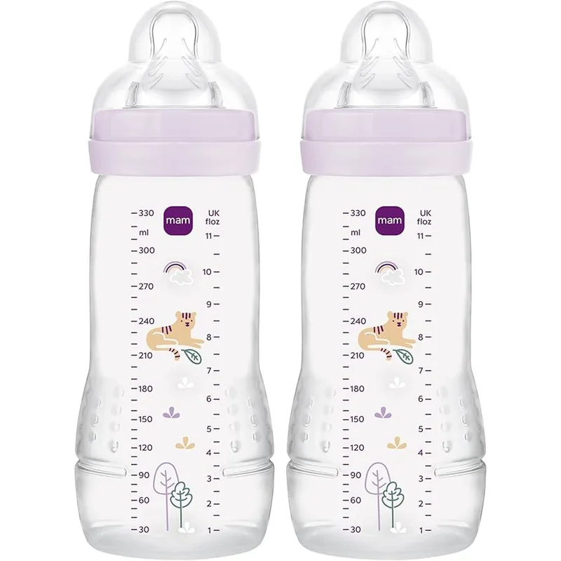 Mam Easy Active Baby Bottle 4m+ Μπιμπερό Πολυπροπυλενίου με Θηλή Σιλικόνης Μεγάλης Ροής, Κωδ 365SGc 330ml 2 Τεμάχια - Λιλα
