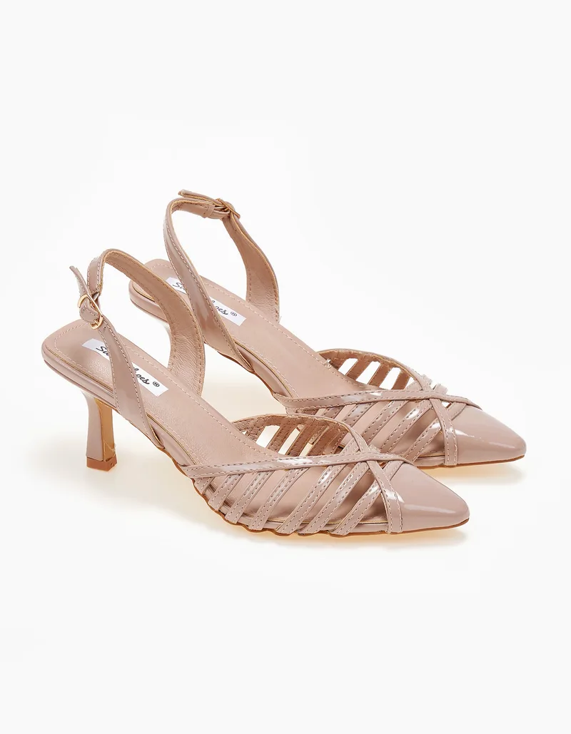 Open heel μυτερές γόβες λουστρίνι με λεπτό τακούνι - Nude