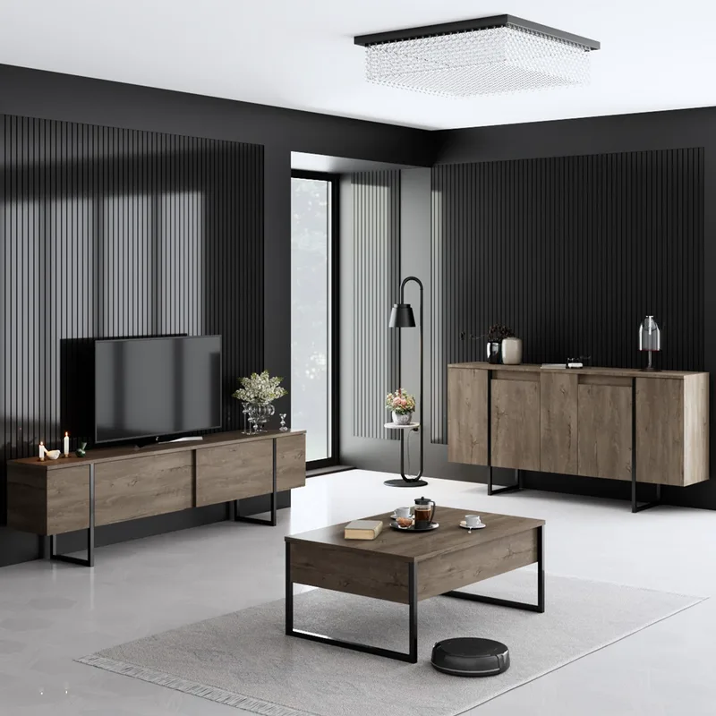 Σετ Επίπλων Σαλονιού Luxe - Walnut, Black 618Bly1183 (160x80x35 cm)