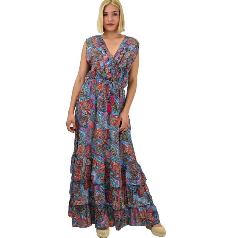 Γυναικείο μεταξωτό boho φόρεμα με βολάν Γαλάζιο 20638