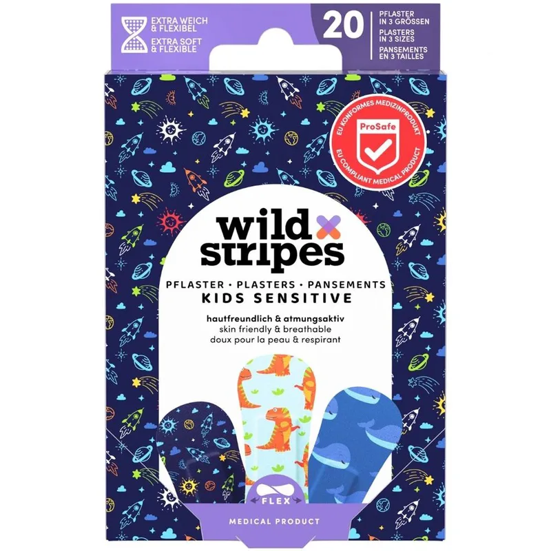 Wild Stripes Kids Space Plasters Υποαλλεργικά Αυτοκόλλητα Παιδικά Επιθέματα για την Κάλυψη & Προστασία Μικρών Πληγών Φιλικά με την Επιδερμίδα για Βέλτιστη Επούλωση 20 Τεμάχια